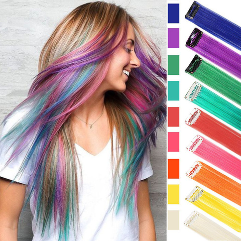 Longue pince simple synthétique dans les Extensions de cheveux une pièce rose couleur arc-en-ciel mode postiche droite pour les femmes et les filles ► Photo 1/6