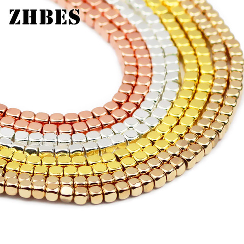 ZHBES – cube carré en pierre naturelle, 3MM, hématite, or, argent, entretoises, géométrie, perles en vrac pour bricolage, fabrication de bijoux, résultats de Bracelets ► Photo 1/6