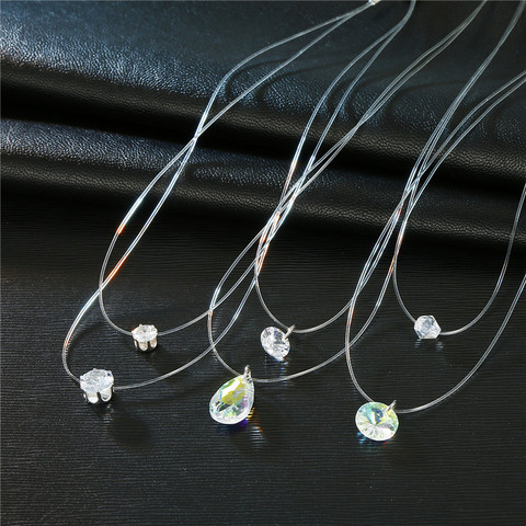 Colliers chaîne Invisible, goutte d'eau, collier de ligne de pêche transparente, 2 couches, multicouches, pendentif ras du cou en strass ► Photo 1/6