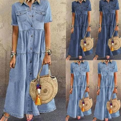 Femmes été automne Denim longues robes rétro bouton poches jean Maxi robe dames décontracté Vestidos ► Photo 1/4