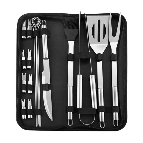 Ensemble d'outils de Barbecue en acier inoxydable, spatule, fourchette, pinces, couteau, brosse, brochettes, Barbecue, ustensile de cuisson de Camping en plein air ► Photo 1/5