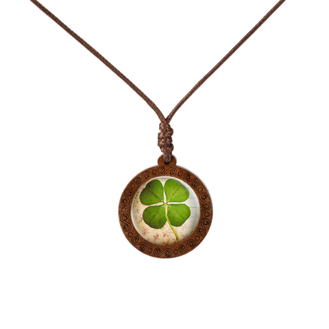 Collier en bois avec pendentif en trèfle, trèfle à quatre feuilles, Cabochon en verre, collier avec motif de soleil, collier photo Art, à la mode, 2022 ► Photo 1/6