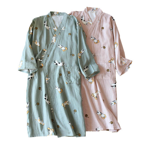 Chemise de nuit amoureux hommes et femmes confort gaze coton Robes mignon chaton imprimé Kimono vêtements de nuit printemps nouveaux Couples en vrac Homewar ► Photo 1/5