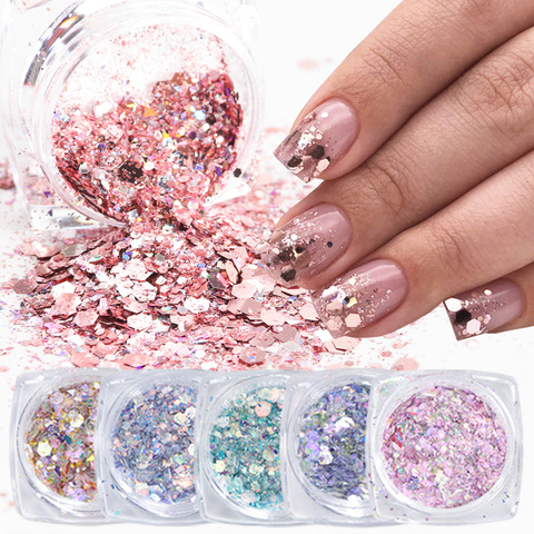 Paillettes sirène 3D pour ongles, 1 ou 12 boîtes/ensemble, paillettes mélangées, miroir, hexagone, décorations pour Nail Art, LADJ01-12-3 ► Photo 1/6