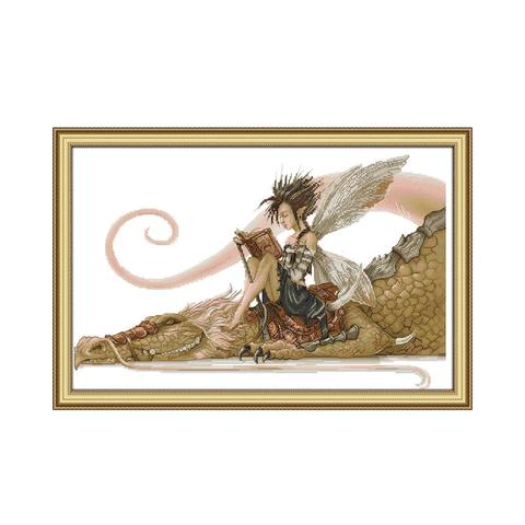 Kit de points de croix imprimés, la fille assise sur le dragon, livre de lecture, 14ct 11ct, toile imprimée, broderie à faire soi-même ► Photo 1/1