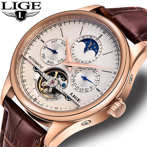 LIGE – montre classique rétro pour hommes, automatique, mécanique, Tourbillon, horloge, cuir véritable, militaire, étanche ► Photo 1/6