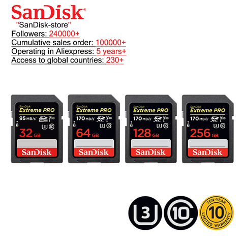 SanDisk – carte SD Extreme Pro, 32 go/64 go/128 go/256 go, SDHC/SDXC UHS-I, classe 10, 170 mo/s, compatible U3, carte vidéo 4K ► Photo 1/5