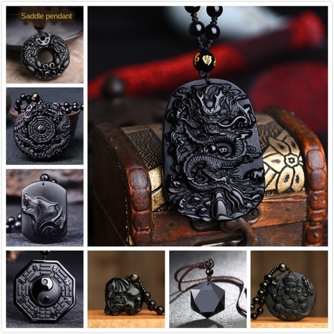 Pendentif tête de loup en obsidienne, figurine de Dragon, Teng Feng, baguette, Ruyi, éléphant, Guanyin, bouddha, ornement, collier, fête en pierre en vrac ► Photo 1/6