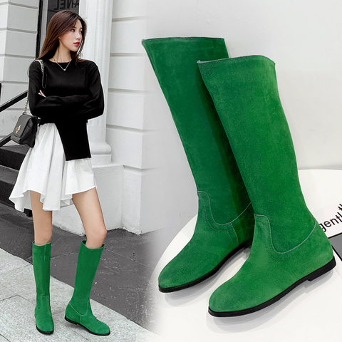 Bottes couture en cuir pour femme, nouveau modèle printemps automne hiver, en peluche talons plats, demi-hautes sans lacet ► Photo 1/6