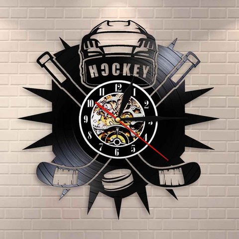 Horloge murale homme de Hockey, décor de grotte, montre Logo d'équipe de Club de Hockey, bâtons et rondelles de Hockey, disque vinyle, horloge murale, cadeau pour les Fans de Hockey ► Photo 1/6