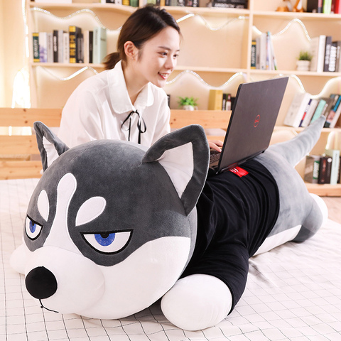 Oreiller en peluche Husky habillé amusant 80/100cm, pull à rayures, doux, couché, chien mignon, animaux, cadeau d'anniversaire pour enfants ► Photo 1/6