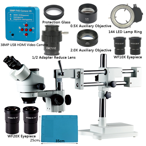 Microscope stéréo trinoculaire à support à Double flèche, simulateur de focale d'objectif 3, 5-90 x, Zoom, + 38mp, caméra industrielle USB 2K HDMI pour réparation de téléphones et PCB ► Photo 1/6