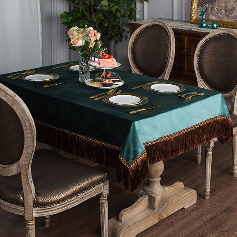 Nappe de Table rectangulaire en velours doux, couleur unie, Vintage, vert, avec glands, pour dîner, fête, café, carré ► Photo 1/6