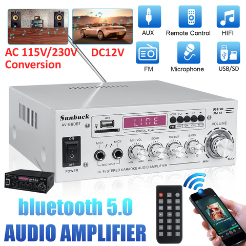 2000W AV amplificateur de puissance 2.0 canaux Audio Home cinéma amplificateurs DC 12V 110V/220V Support EQ FM SD USB 2 Mic 5.0 bluetooth ► Photo 1/6
