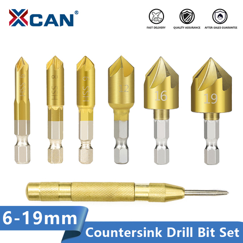 XCAN-foret à tige hexagonale, 6-19mm, jeu de 5 mèches revêtues de titane, perceuse pour trous à cannelure 90 degrés, coupe chanfrein pour le bois ► Photo 1/6