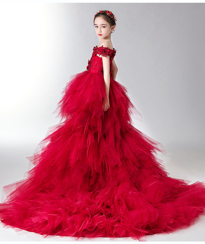 Robe de princesse à épaules dénudées pour filles, tenue de soirée longue traînante, en Tulle rouge, avec des Appliques de fleurs, pour mariage ► Photo 1/6