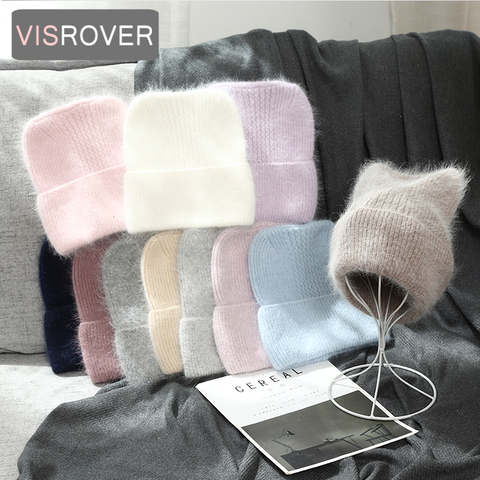 VISROVER 11 couleurs unisexe couleur unie réel fourrure de lapin chat oreille bonnets chapeau d'hiver pour femme fourrure de lapin automne chaud skullies cadeau ► Photo 1/6