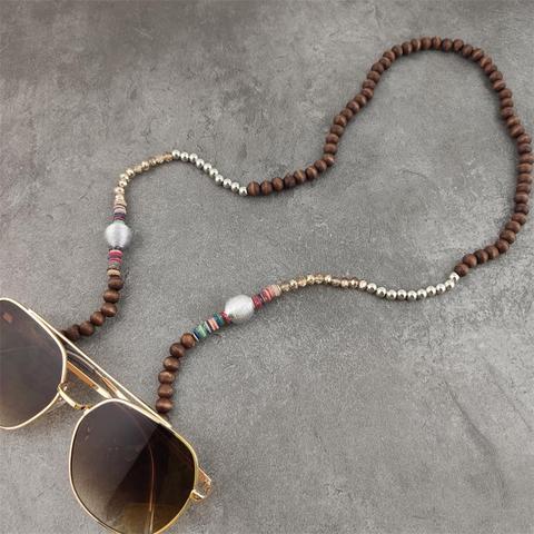 Chaînes de lunettes de soleil en métal, perles de bois Boho avec boule argentée, chaîne de lunettes de lecture, support de cordon, sangle de cou ► Photo 1/5