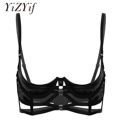 Femmes coupe ouverte hauts de soutien-gorge Look humide en cuir verni Lingerie quart tasse à bretelles à armatures hauts de soutien-gorge Sexy lingerie femmes soutien-gorge ouvert ► Photo 1/6