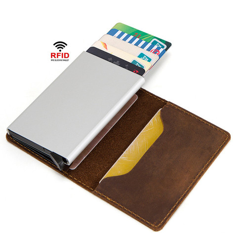 Porte-cartes en cuir de cheval fou à la mode porte-cartes automatique en cuir RFID mini porte-monnaie ► Photo 1/6