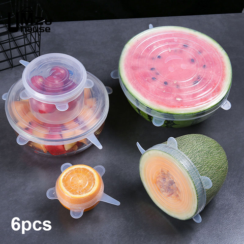 Couvercle en silicone extensible | 6 pièces, aliments Saran Wrap, sous vide, stockage de cuisine, Organization réutilisable, garder frais sceau couvercle bol conteneur de fruits ► Photo 1/6