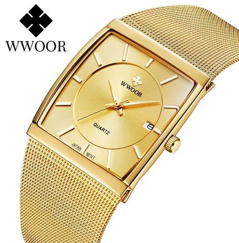 Montre-bracelet à Quartz pour hommes, marque de luxe Ultra mince, maille en acier doré, carré, étanche ► Photo 1/6
