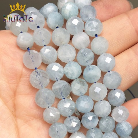 Perles en pierre naturelle, 8mm, aigue-marine bleues à facettes, perles espacées amples, pour la fabrication de bijoux, Bracelet à bricoler soi-même goujons d'oreille, accessoires de 7.5 pouces ► Photo 1/6