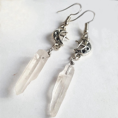 Boucles d'oreilles lune Quartz clair-Boho, sorcellerie, pierres naturelles, ésotérique, céleste, Alternative, Nugoth, gothique, romantique. Cadeau étoile ► Photo 1/2