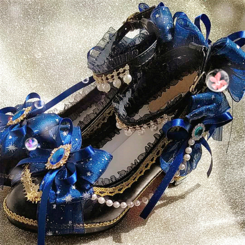 Lolita – robe de mariée à fleurs faites à la main, chaussures gothiques noires, talons hauts épais, Vintage, japonais, de luxe, 6cm ► Photo 1/6