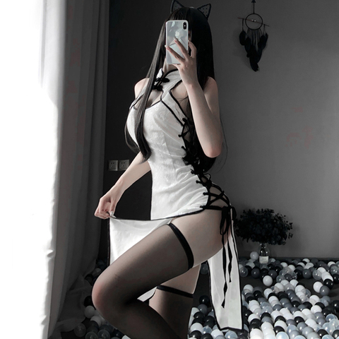 Costume Cosplay Anime érotique noir et blanc pour femmes, tenue en dentelle, fantaisie Slim Fit, poitrine ouverte, uniforme Sexy Cheongsam ► Photo 1/6