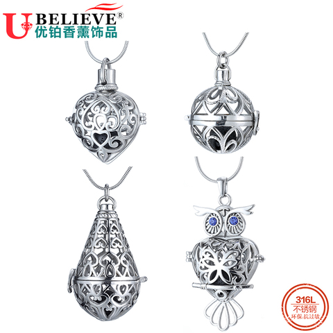 Boîte à balles Cage creuse, collier en acier inoxydable, diffuseur d'huile essentielle, couronne hibou, pendentifs ronds en médaillon pour bricolage bijoux de parfum ► Photo 1/6