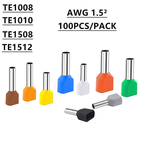 Double tube pressé à froid, 100 pièces, terminal tubulaire isolé, TE1008 TE1010 TE1508 TE1512, 1.0 ~ 1.5 ² ► Photo 1/5