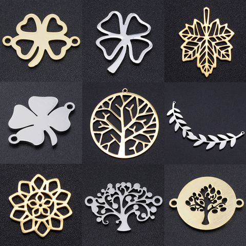 Breloques en feuille d'érable, connecteurs porte-bonheur en acier inoxydable 100%, breloque arbre de vie, pendentif, bijoux, vente en gros, 5 pièces/lot ► Photo 1/6