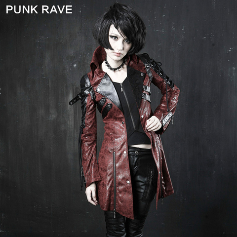 PUNK RAVE gothique Style femmes Vampire rouge Punk clouté lourd veste de moto en cuir synthétique polyuréthane en cuir marque de mode qualité Long manteau ► Photo 1/6