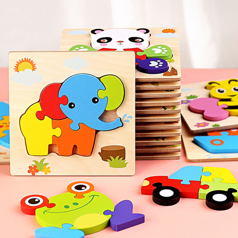 Bébé jouets en bois 3D bois Puzzle dessin animé Animal correspondant jeu Intelligence Puzzle jouets pour enfants éducatifs ► Photo 1/6