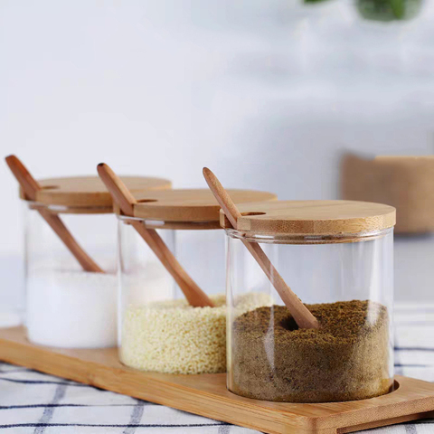 Deuamo-ensemble de bocaux à épices en verre, outils pour herbes et épices, bouteille d'assaisonnement, pot de stockage de sucre et de sel, avec cuillère en bois, accessoires de cuisine ► Photo 1/6