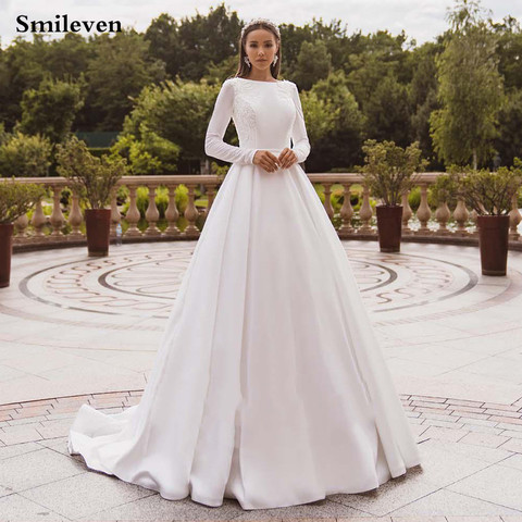 Smileven élégant Satin robes de mariée à manches longues dentelle robe de mariée robe de mariée musulmane couvert dos Vestido de novia 2022 ► Photo 1/5