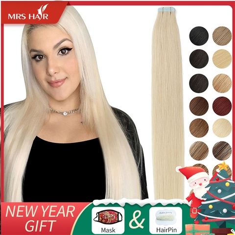 MRSHAIR-Extensions de cheveux naturels lisses | Adhésifs invisibles sur trame de peau, cheveux naturels bruns, bande adhésive, blonds, pour Machine, 20 pièces ► Photo 1/6