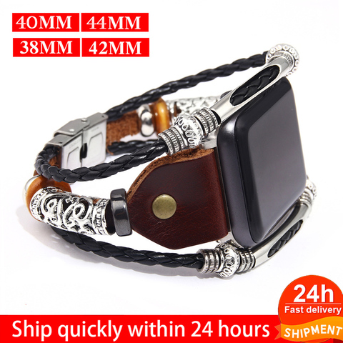 Bracelet en cuir marron pour montre Apple 6 SE 5 4 3 2 38mm 40mm, Bracelet de montre en cuir pour hommes pour iwatch 5 4 44mm 42mm Bracelet ► Photo 1/6