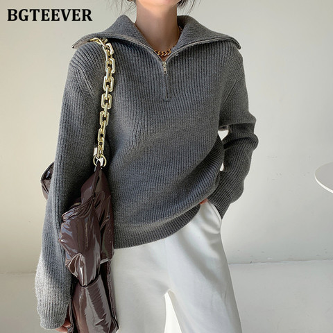 BGTEEVER mode épais col roulé pull à fermeture éclair chandails femmes en vrac à manches longues femme solide tricot pulls automne hiver ► Photo 1/6