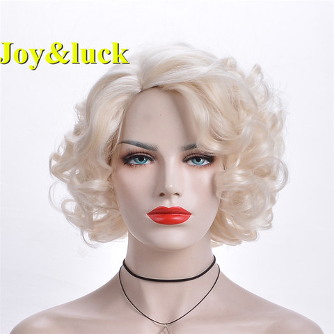 Joy & luck perruque Blonde courte perruques bouclées naturelles perruques synthétiques blondes avec frange perruques de cheveux perruque Cosplay ou Style de cheveux quotidien ► Photo 1/6