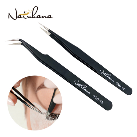 NATUHANA – pincettes antistatiques pour Extension de cils, en acier inoxydable ESD, courbées, droites, outils de maquillage ► Photo 1/6