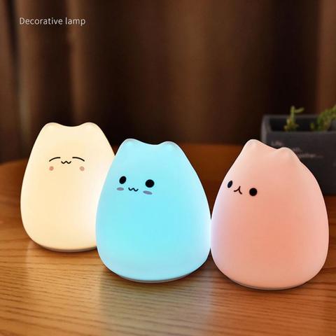 Veilleuse LED en Silicone avec capteur tactile, 7 couleurs, chat à couleurs changeantes, luminaire décoratif d'intérieur, idéal pour la chambre d'un bébé ou d'un enfant, batterie d'ornement ► Photo 1/6