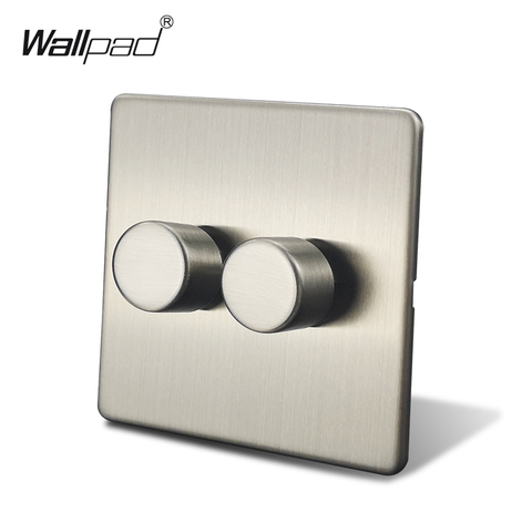 Wallpad Argent 2 Gang 2 Voies Double LUMIÈRE LED Gradateur Chrome Satiné Pousser Sur Off Panneau En Acier Inoxydable En Métal Bouton ► Photo 1/6