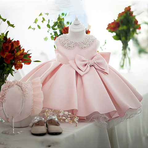 Blanc mariage Satin princesse bébé filles robe perle Bow anniversaire soirée infantile robe pour fille Gala enfant vêtements 2 8 10 ans ► Photo 1/6