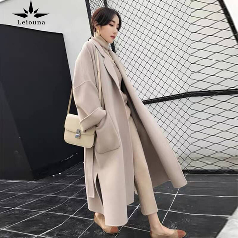 Leiouna Long Vintage Faux Office Lady Belt Outerwear Womens Black Korean Woolen Female Coat Winter Women Ladies Coats Femme ► Photo 1/6