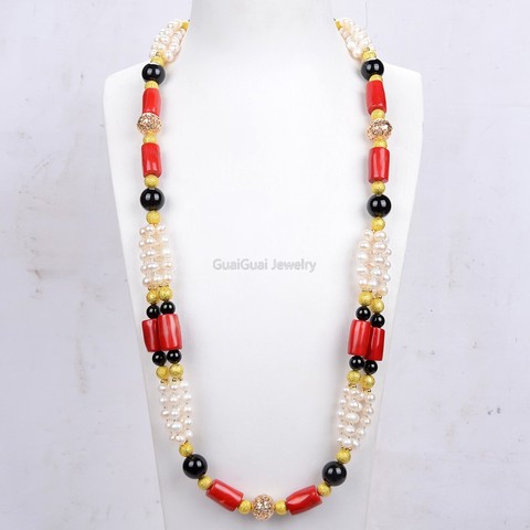 GuaiGuai – collier Long en perles blanches naturelles pour femmes, 30 pouces, en Onyx rouge ► Photo 1/6