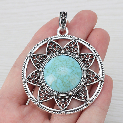 3 x Antique Argent Creux Boho Grand Rond Faux Turquoise Pierre Fleur Charmes Pendentifs pour Collier Bijoux Faisant Des Résultats 55mm ► Photo 1/3