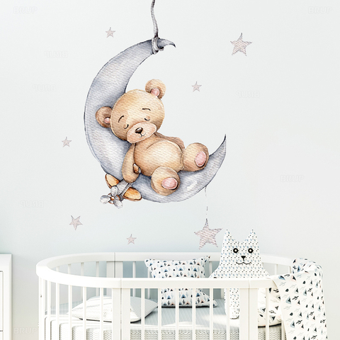 Dessin animé ours en peluche dormir sur la lune et les étoiles Stickers muraux pour chambre d'enfants bébé chambre décoration Stickers muraux chambre intérieur ► Photo 1/6