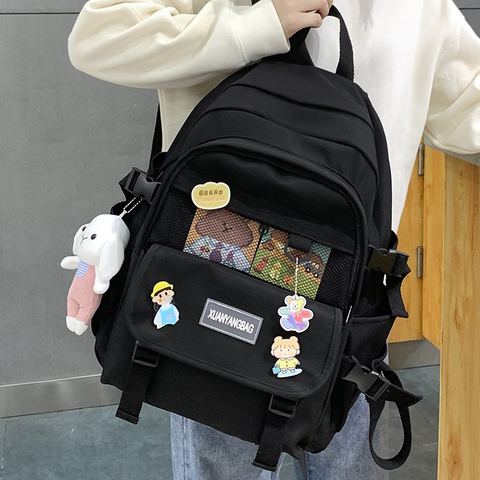 EnoPella Kawaii femmes sac à dos pour fille sac d'école imperméable voyage Mochila mode femme collège Bookbag noir Nylon sac à dos ► Photo 1/6